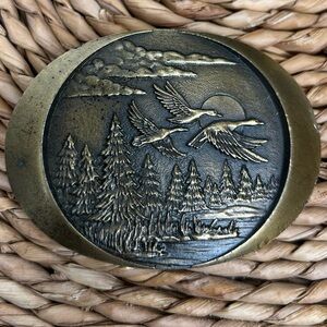 Vintage Brass Buckle Mountains Indiana Metal Craft Pine Trees Sunrise River USA